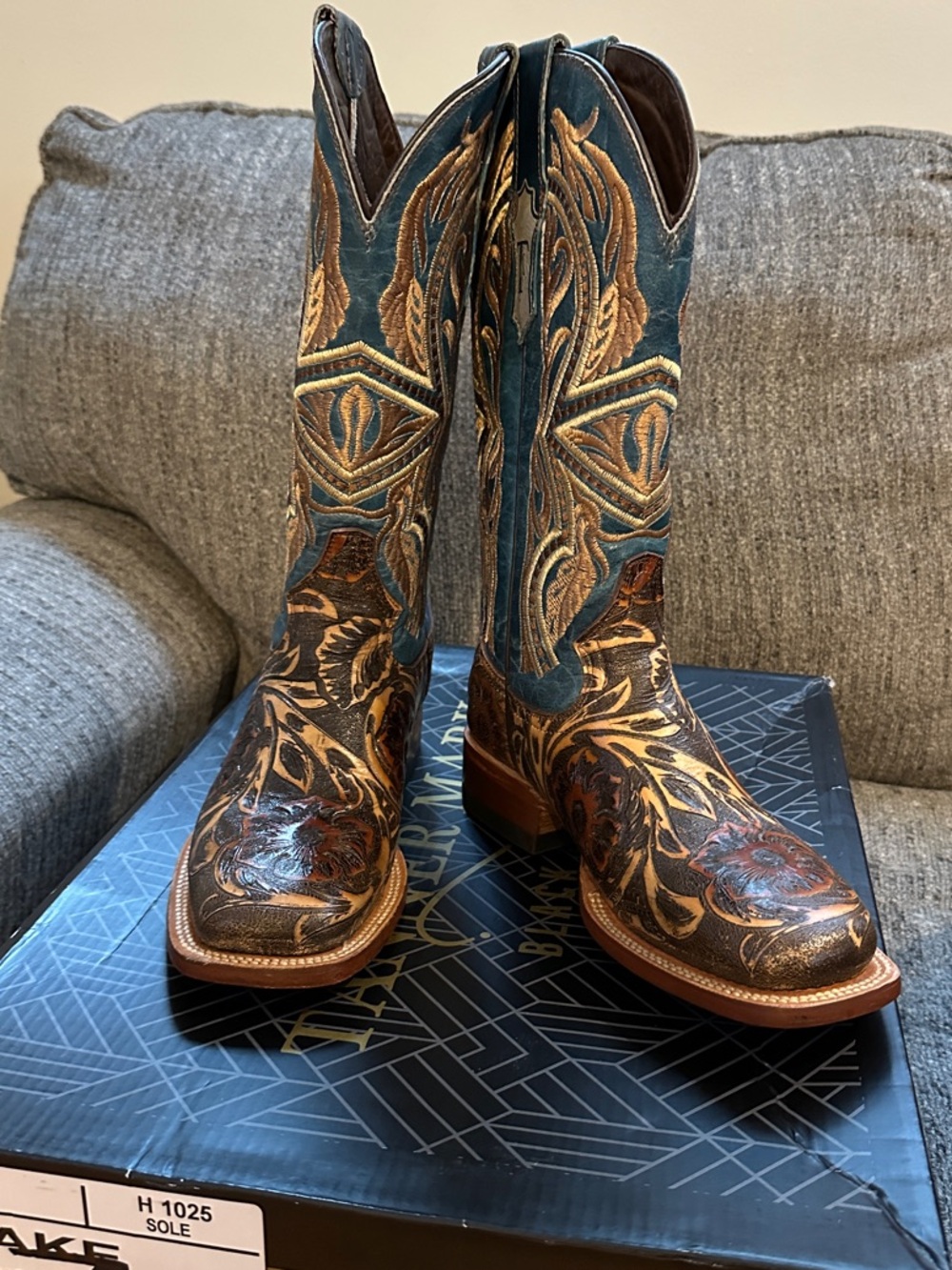 Tanner Mark Navy Blue & Brown Embroidered Western Heeled Boots- New w/o tags